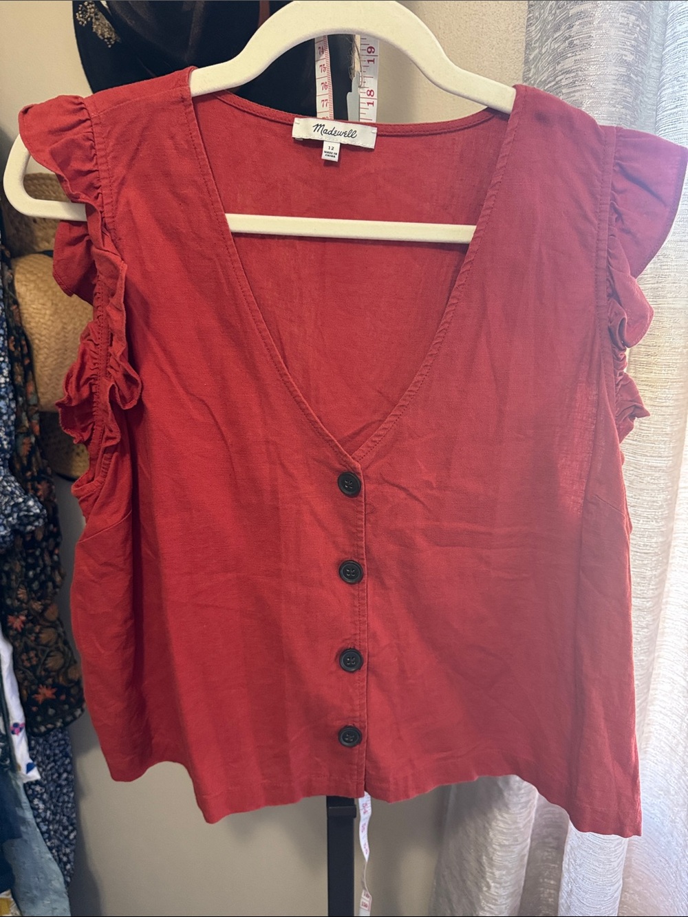 Madewell Rust Red Ruffle-Sleeve Button Front Top